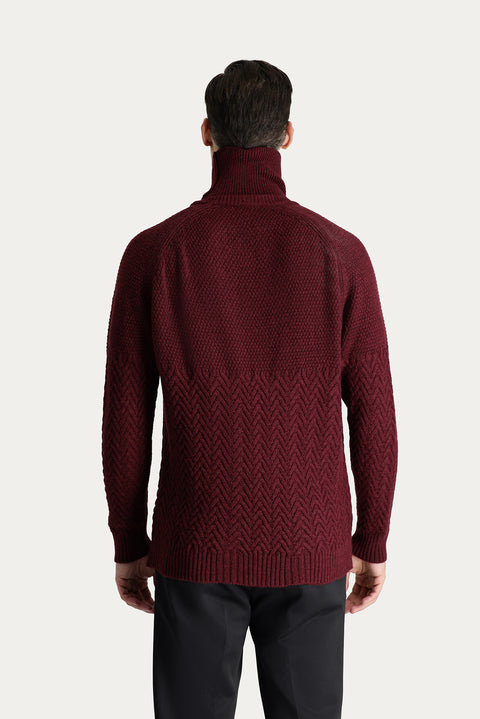 Koyu Bordo Balıkçı Yaka Slim Fit Dar Kesim Desenli Yünlü Triko Kazak