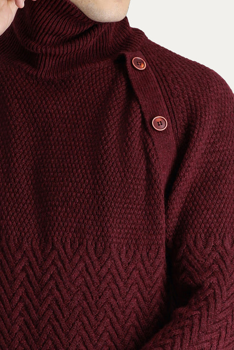 Koyu Bordo Balıkçı Yaka Slim Fit Dar Kesim Desenli Yünlü Triko Kazak
