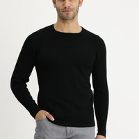Siyah Bisiklet Yaka Slim Fit Dar Kesim Desenli Pamuklu Triko Kazak