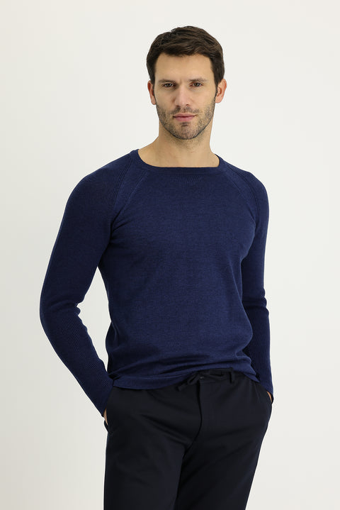 Orta Lacivert Bisiklet Yaka Slim Fit Desenli Pamuklu Triko Kazak
