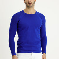 Saks Mavi Bisiklet Yaka Slim Fit Dar Kesim Desenli Pamuklu Triko Kazak