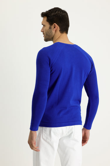 Saks Mavi Bisiklet Yaka Slim Fit Dar Kesim Desenli Pamuklu Triko Kazak