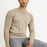 Orta Bej Bisiklet Yaka Slim Fit Dar Kesim Desenli Pamuklu Triko Kazak