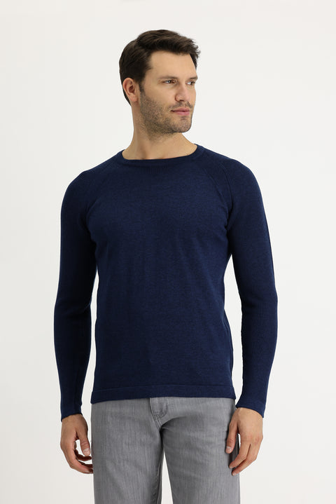 Orta Petrol Bisiklet Yaka Slim Fit Desenli Pamuklu Triko Kazak