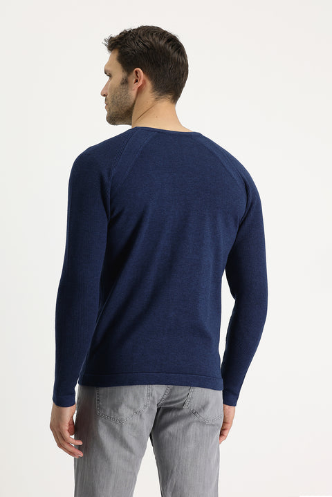 Orta Petrol Bisiklet Yaka Slim Fit Desenli Pamuklu Triko Kazak