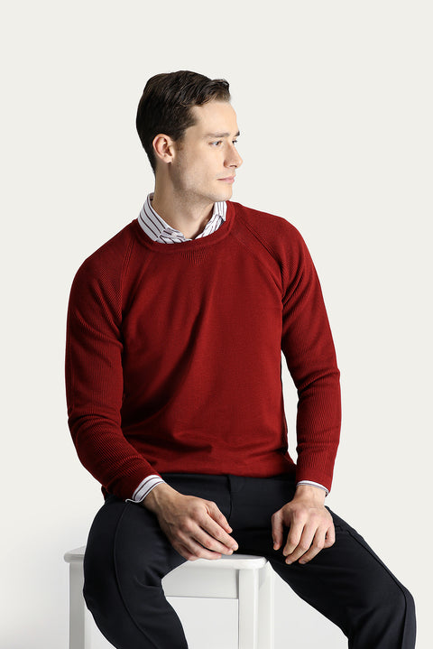 Kiremit Bisiklet Yaka Slim Fit Desenli Pamuklu Triko Kazak