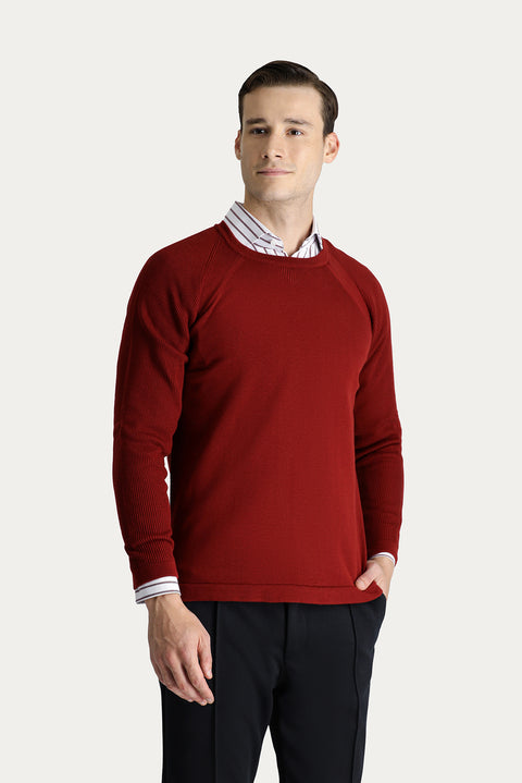 Kiremit Bisiklet Yaka Slim Fit Desenli Pamuklu Triko Kazak