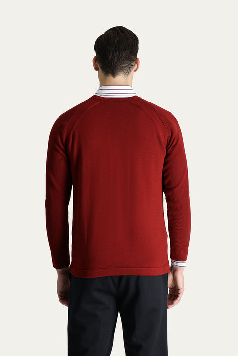 Kiremit Bisiklet Yaka Slim Fit Desenli Pamuklu Triko Kazak