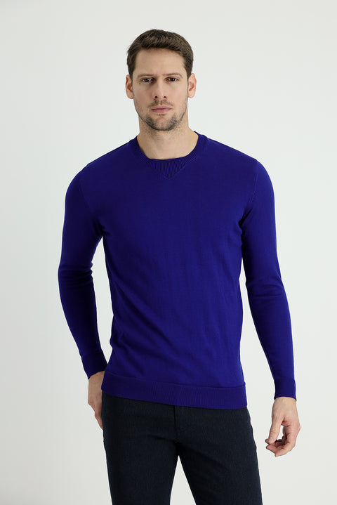Navy Blue Crew Neck Slim Fit Narrow Cut Patterned Cotton Knit Sweater