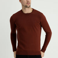 Tile-colored Crew Neck Slim Fit Narrow Cut Patterned Cotton Knit Sweater