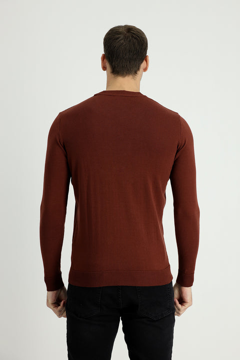 Tile-colored Crew Neck Slim Fit Narrow Cut Patterned Cotton Knit Sweater