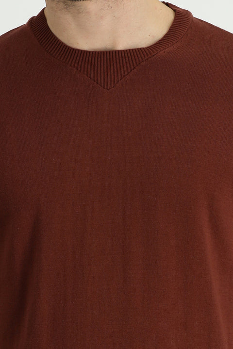 Tile-colored Crew Neck Slim Fit Narrow Cut Patterned Cotton Knit Sweater