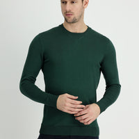 Orman Yeşili Bisiklet Yaka Slim Fit Dar Kesim Desenli Pamuklu Triko Kazak