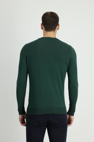 Orman Yeşili Bisiklet Yaka Slim Fit Dar Kesim Desenli Pamuklu Triko Kazak