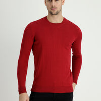 Koyu Kırmızı Bisiklet Yaka Slim Fit Dar Kesim Desenli Pamuklu Triko Kazak