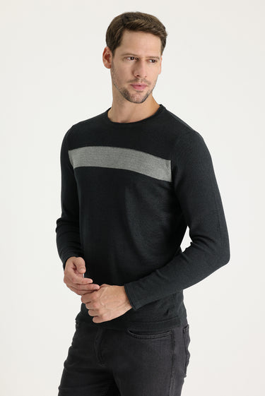 Koyu Antrasit Melanj Bisiklet Yaka Slim Fit Dar Kesim Desenli Triko Kazak