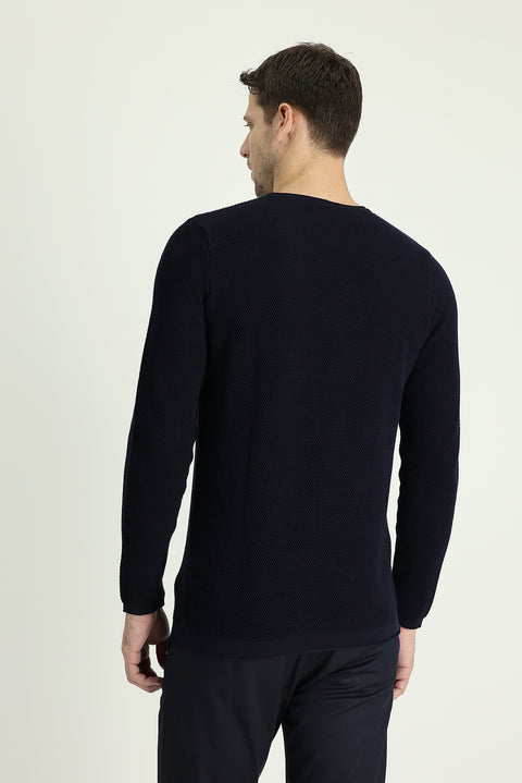 Koyu Lacivert Bisiklet Yaka Slim Fit Dar Kesim Desenli Pamuklu Triko Kazak
