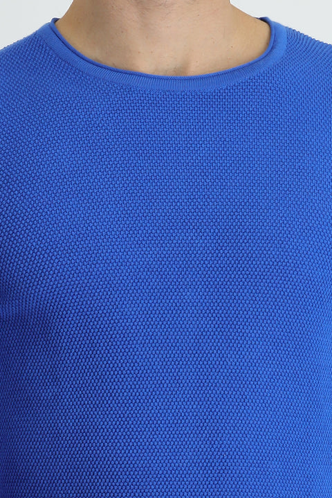 Havacı Mavi Bisiklet Yaka Slim Fit Dar Kesim Desenli Pamuklu Triko Kazak