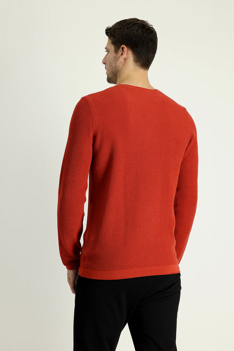 Orta Turuncu Bisiklet Yaka Slim Fit Dar Kesim Desenli Pamuklu Triko Kazak