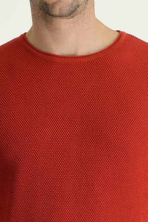 Orta Turuncu Bisiklet Yaka Slim Fit Dar Kesim Desenli Pamuklu Triko Kazak