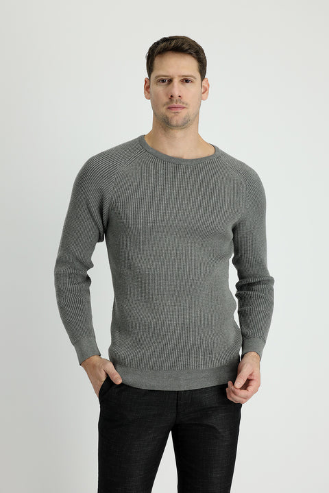 Orta Gri Melanj Bisiklet Yaka Slim Fit Dar Kesim Desenli Triko Kazak