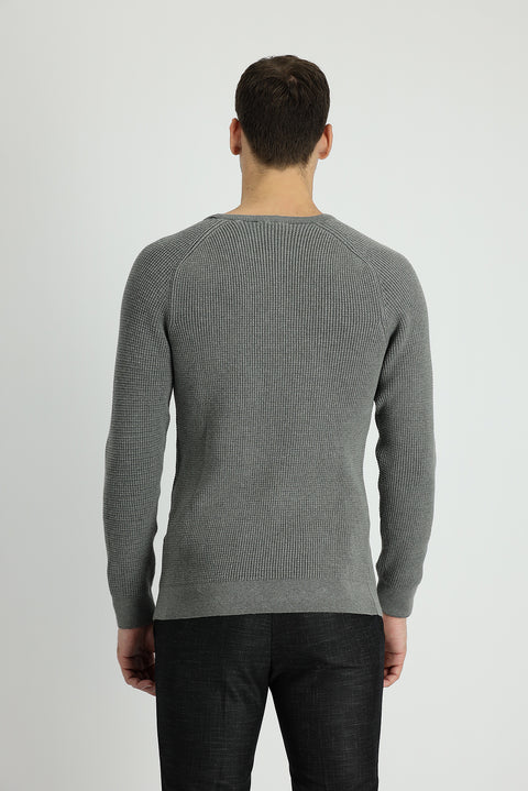 Orta Gri Melanj Bisiklet Yaka Slim Fit Dar Kesim Desenli Triko Kazak