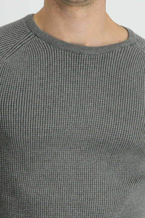 Orta Gri Melanj Bisiklet Yaka Slim Fit Dar Kesim Desenli Triko Kazak