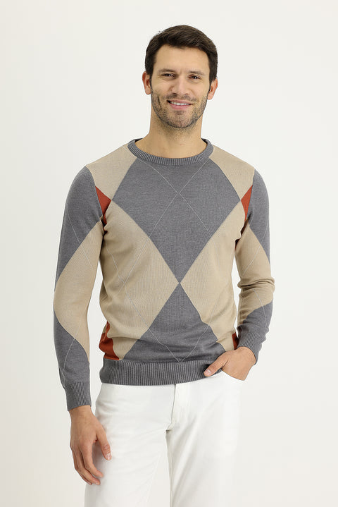 Orta Gri Melanj Bisiklet Yaka Slim Fit Dar Kesim Desenli Pamuklu Triko Kazak