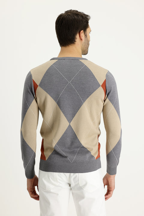 Orta Gri Melanj Bisiklet Yaka Slim Fit Dar Kesim Desenli Pamuklu Triko Kazak