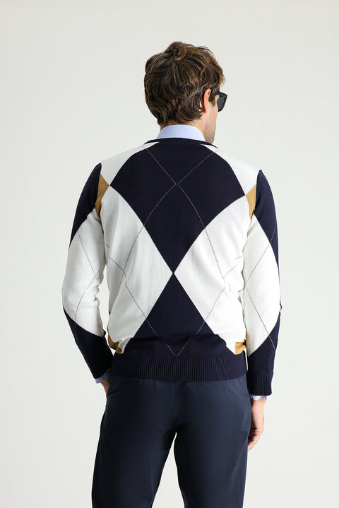 Koyu Lacivert Bisiklet Yaka Slim Fit Dar Kesim Desenli Pamuklu Triko Kazak