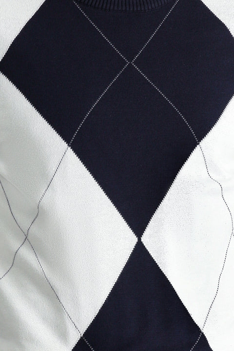 Koyu Lacivert Bisiklet Yaka Slim Fit Dar Kesim Desenli Pamuklu Triko Kazak
