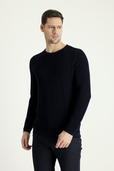 Dark Navy Crew Neck Slim Fit Narrow Cut Patterned Knit Sweater