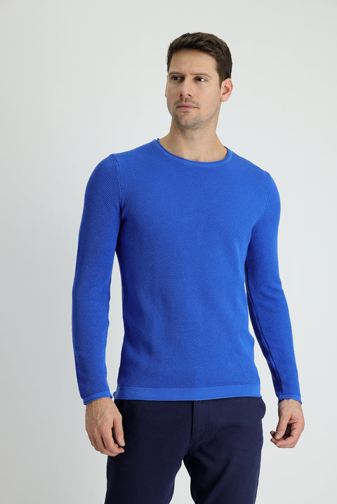 Havacı Mavi Bisiklet Yaka Slim Fit Dar Kesim Desenli Triko Kazak