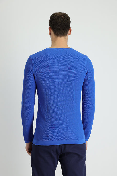 Havacı Mavi Bisiklet Yaka Slim Fit Dar Kesim Desenli Triko Kazak