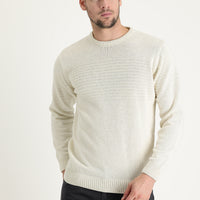 Off-white crew neck slim fit, narrow cut, wool patterned knit sweater.