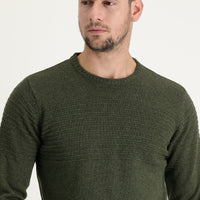 Orta Haki Bisiklet Yaka Slim Fit Dar Kesim Yünlü Desenli Triko Kazak