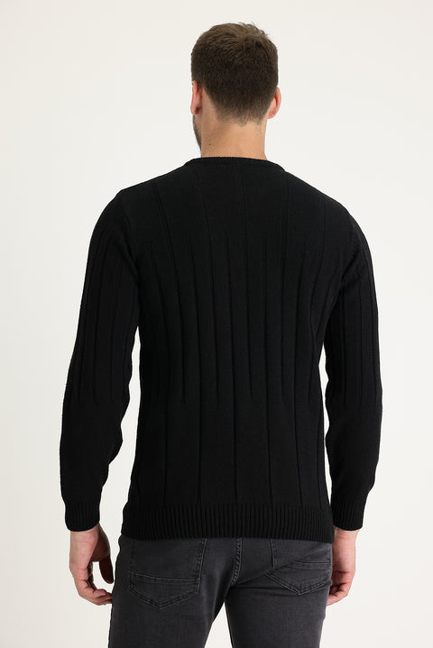 Siyah Bisiklet Yaka Slim Fit Dar Kesim Yünlü Desenli Triko Kazak