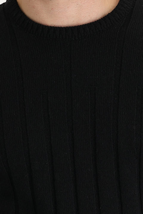 Siyah Bisiklet Yaka Slim Fit Dar Kesim Yünlü Desenli Triko Kazak
