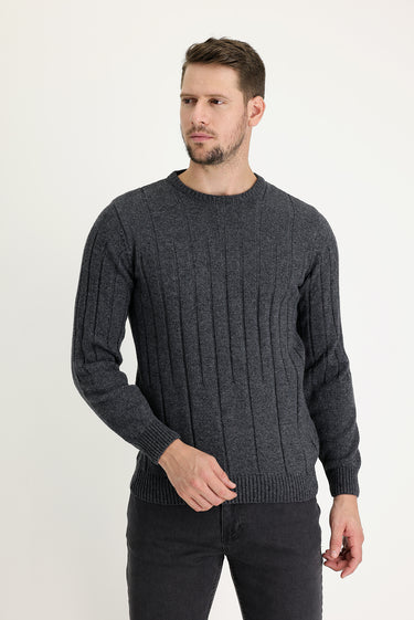 Koyu Füme Bisiklet Yaka Slim Fit Dar Kesim Yünlü Desenli Triko Kazak