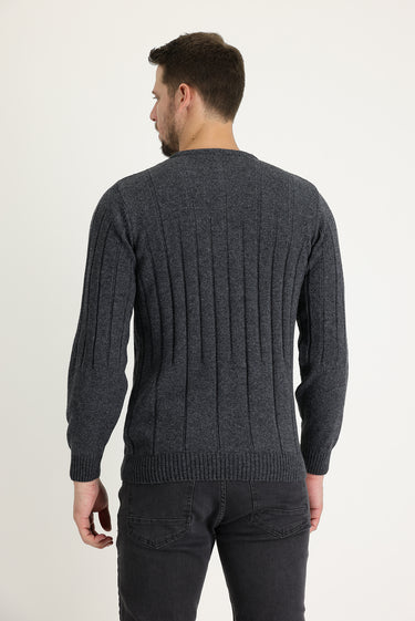 Koyu Füme Bisiklet Yaka Slim Fit Dar Kesim Yünlü Desenli Triko Kazak