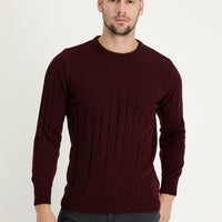 Koyu Bordo Bisiklet Yaka Slim Fit Dar Kesim Yünlü Desenli Triko Kazak