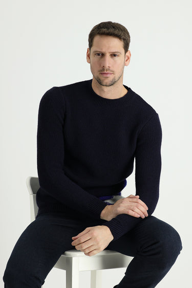 Orta Lacivert Bisiklet Yaka Slim Fit Dar Kesim Yünlü Desenli Triko Kazak