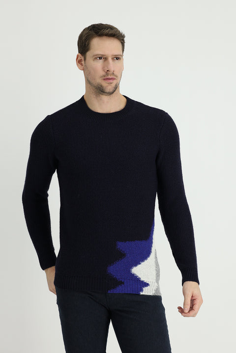 Orta Lacivert Bisiklet Yaka Slim Fit Dar Kesim Yünlü Desenli Triko Kazak