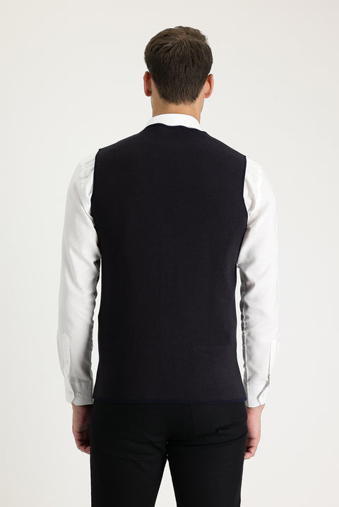 Koyu Lacivert Slim Fit Dar Kesim Desenli Pamuklu Triko Yelek