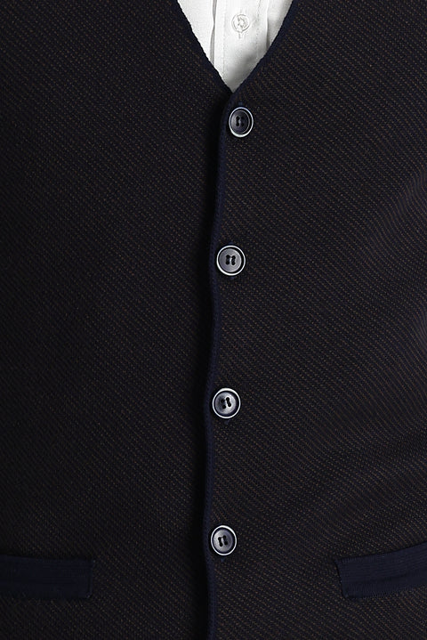 Koyu Lacivert Slim Fit Dar Kesim Desenli Pamuklu Triko Yelek