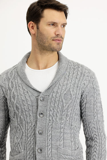 Orta Gri Melanj Regular Fit Yünlü Triko Hırka