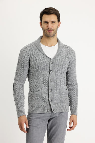 Orta Gri Melanj Regular Fit Yünlü Triko Hırka