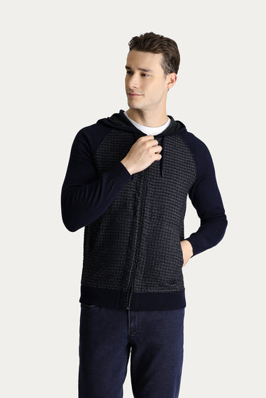 Koyu Lacivert Kapüşonlu Fermuarlı Pamuklu Triko Hırka