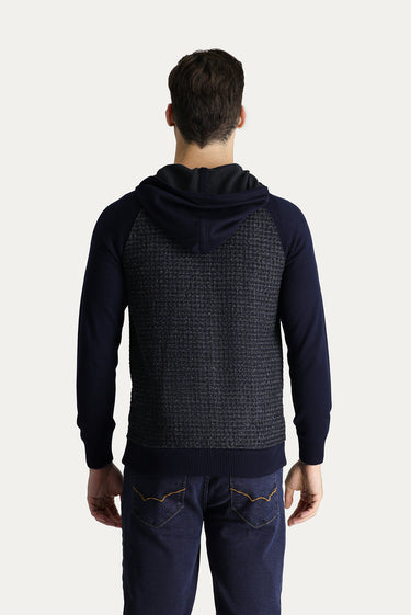 Koyu Lacivert Kapüşonlu Fermuarlı Pamuklu Triko Hırka