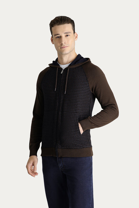 Medium Brown Hooded Zip-Up Cotton Knit Cardigan